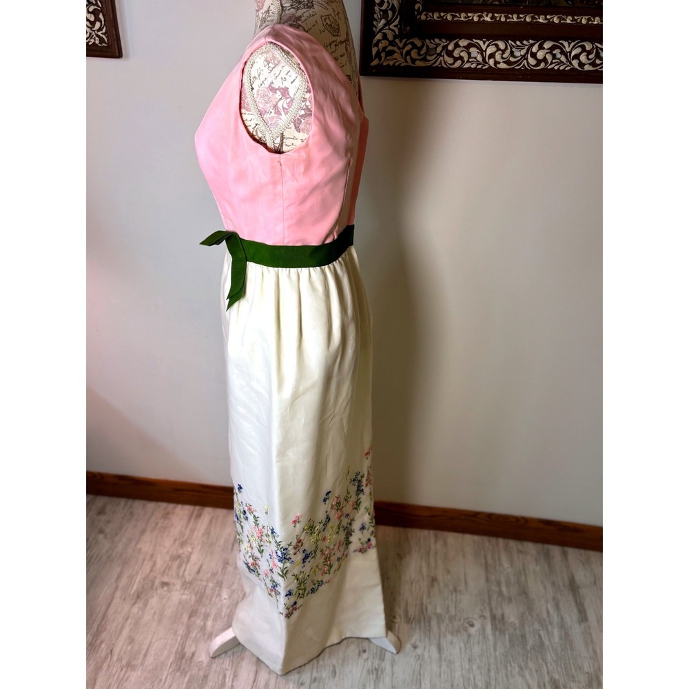 Vintage Embroidered Maxi Dress Pink Satin Bodice 60s Union Made S Mad Men era - Picture 13 of 17